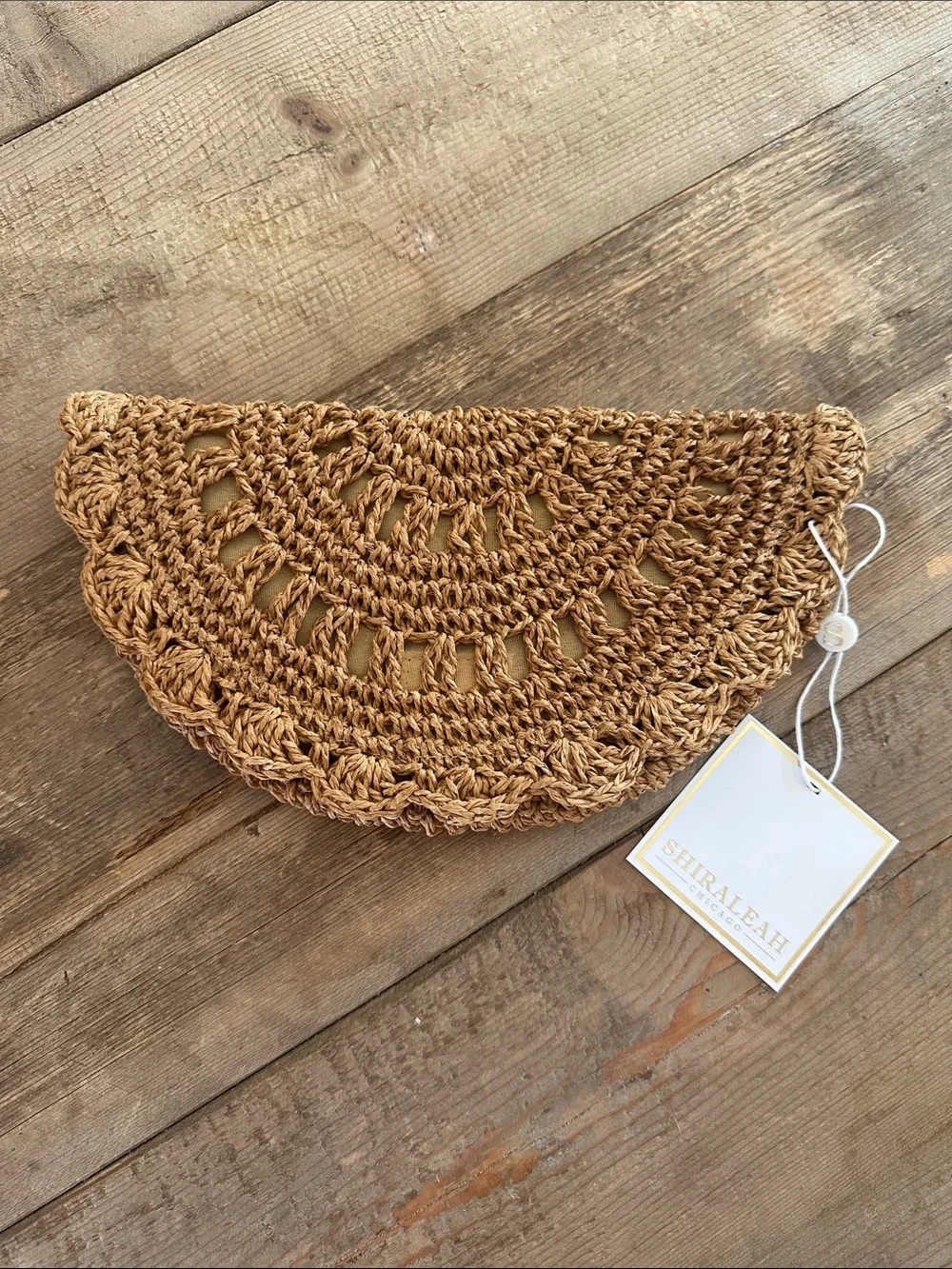 Shiraleah Tan Crochet Half-Moon Wristlet Clutch